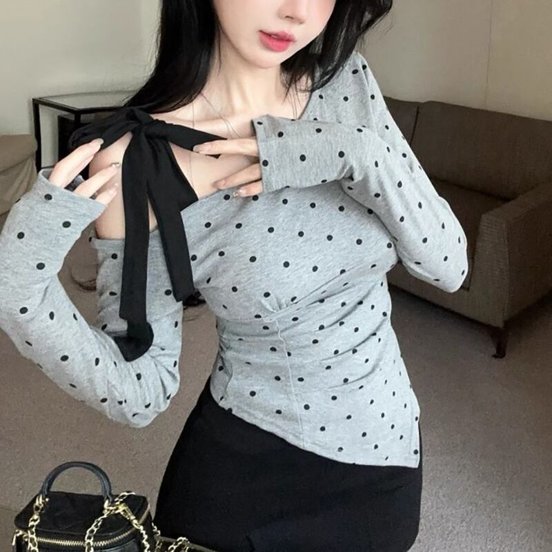 Cross-Border Wholesale Gray Polka Dot Off-Shoulder Long-Sleeve T-Shirt for Women 2025 Spring New Style Pleated Sweet and Spicy Top