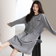 【带胸垫】睡裙女2025春秋季秋款棉质长袖时尚条纹睡衣大码家居服