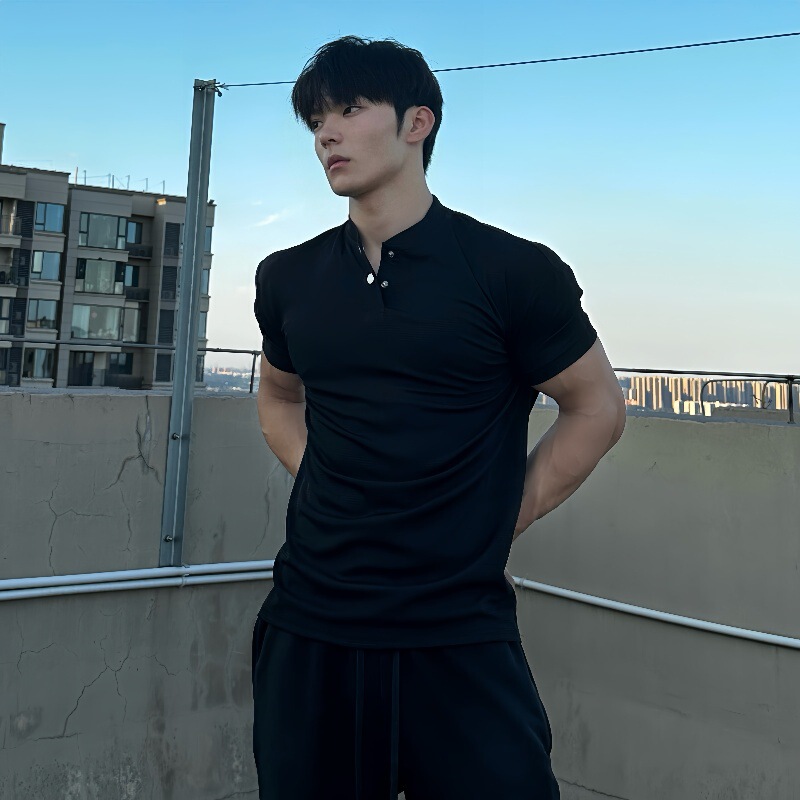 Summer Cuff New Chinese Polo Shirt Short-sleeved Henry Collar Elastic Quick-drying Breathable Sports Fitness Men's T-shirt