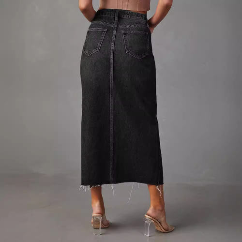 New style split denim skirt for women, high-waist washed American a-line skirt, medium and long