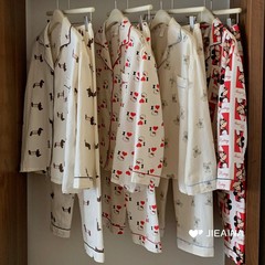 趣味卡通轻纱睡衣套装长袖长裤宽松家居服可外穿套装W954软棉纱