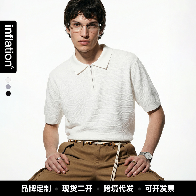 Jiezhan Men's Clothing | Textured knitted short-sleeve polo shirt, 2026 summer new arrival, American old money style zip-up t-shirt Jiezhan Men's Clothing | Textured knitted short-sleeve polo shirt, 2026 summer new arrival, American old money style zip-up t-shirt
