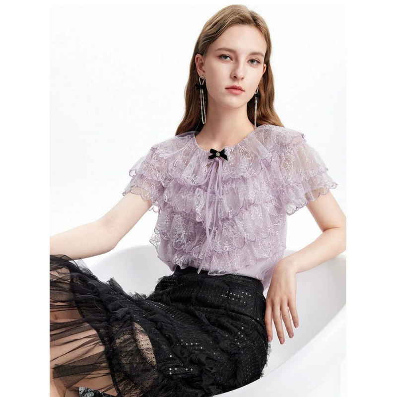 2025 новый летний стиль блузка с рукавами-листочками из кружева, французский многослойный волнистый край, кружево с бабочками, модный универсальный топ