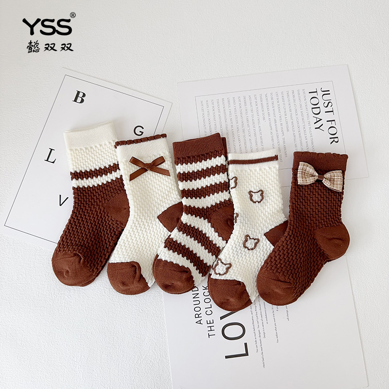 Yi Pair Children's Socks Autumn and Winter New Korean Style Bow Jewelry Mid-Socks Combed Cotton Cartoon Bear Boneless