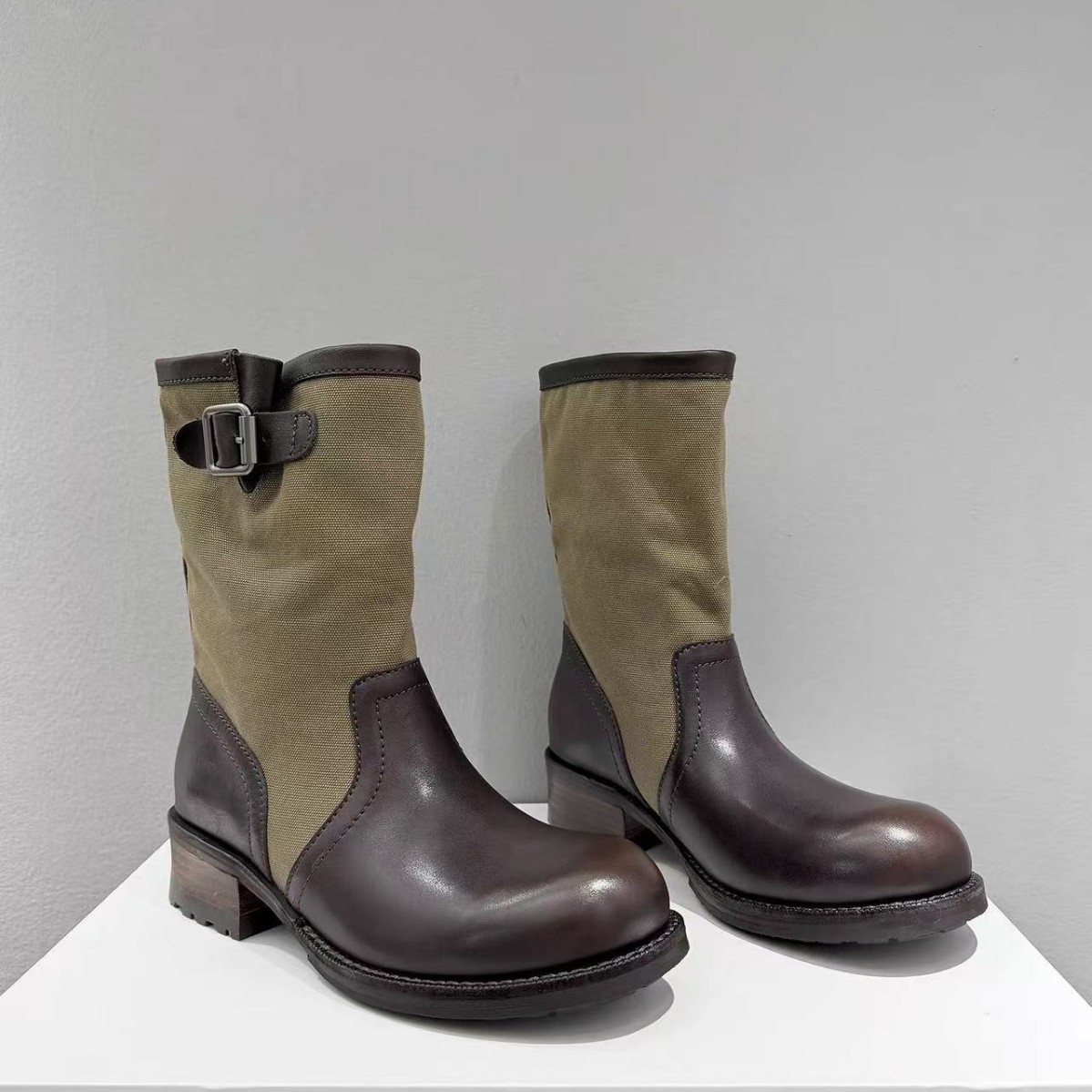 4cm Lift Buckle Detail Round Toe Chunky Heel Riding Boots For Women - Stackable Mid-Calf Boots Distinctive Buckle Accent_vogvips.com
