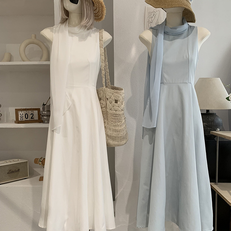 KEKEZOON High-Waisted Sleeveless Slim-Fit Dress with Ribbon Detail for Women 7561