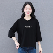 中年加大码中袖2025秋季新款打底衫女士印花上衣服妈妈七分袖卫衣