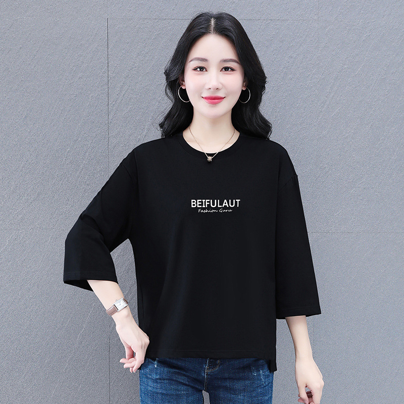 中年加大码中袖2025秋季新款打底衫女士印花上衣服妈妈七分袖卫衣