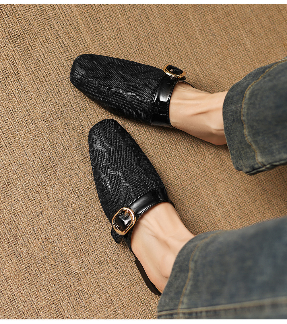 Dép sandal nữ mũi trùm đế bệt chất liệu da bò lưới sợi phong cách Muller — đen chi tiết 11