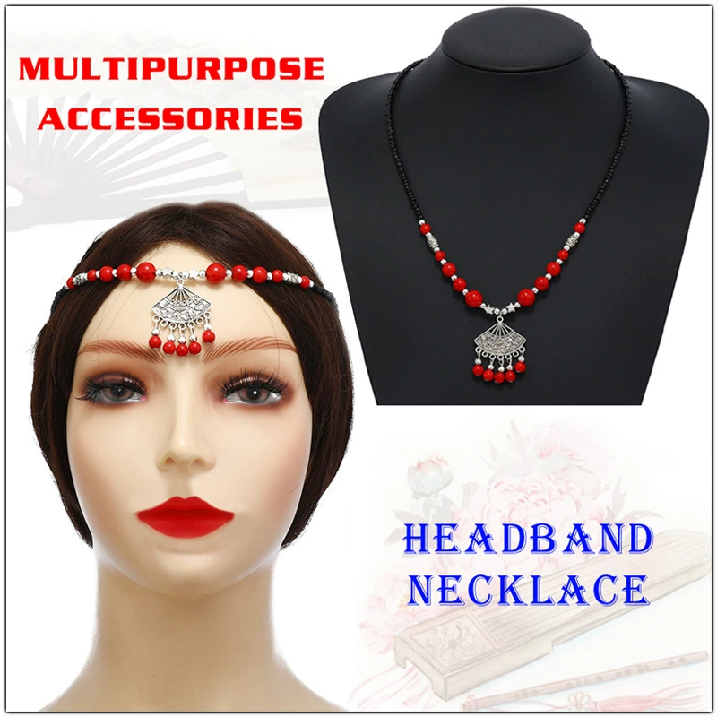 Hanfu Pendant Necklace, Retro Beaded Fan Pendant Accessory — Red or Turquoise, Lightweight 15×3×10 cm