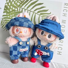 17cm拉布布牛仔背带娃衣搪胶Labubu公仔可穿换装着替毛绒玩具衣服
