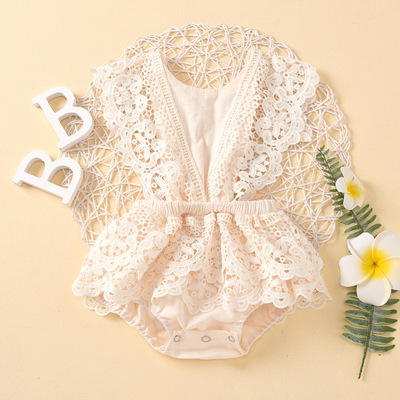 2022 Amazon Cross border Foreign trade Explosive money Children's clothing Solid Backless Frenum Lace lace baby Conjoined