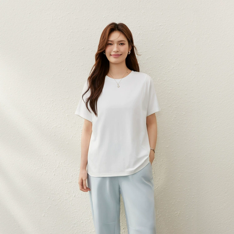 [Yunduo T] Orofeng, круглая легкая футболка в рубчик с короткими рукавами, тонкая женская футболка больших размеров, мм 2025, летний новый стиль