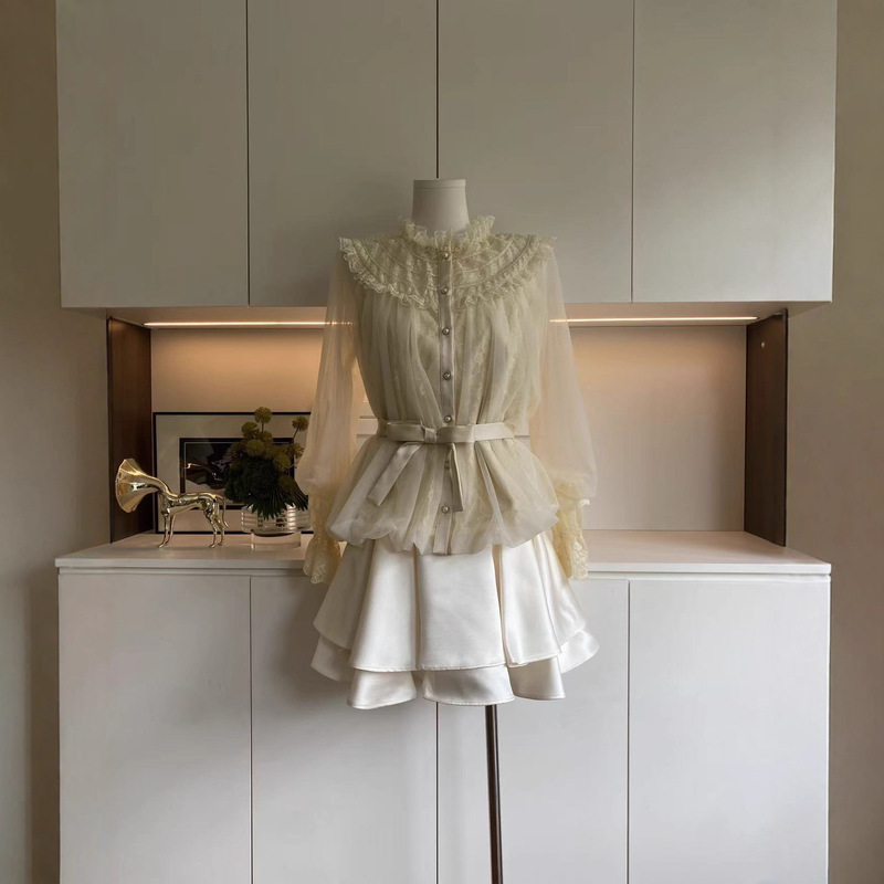 Templemai L-Sense Lace Babydoll Shirt with Lotus Leaf Lace Collar Flower Bud Blouse 2025 Autumn and Winter New Women's Inner Top