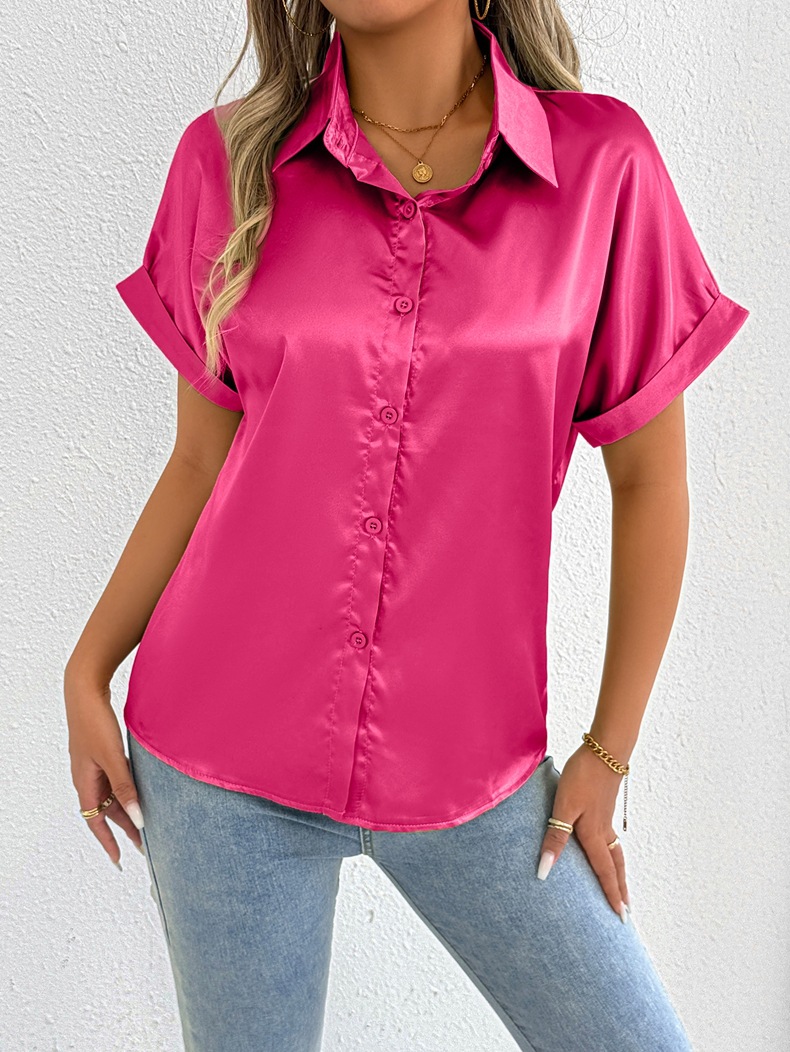 Foto real de ropa popular para mujer para exportación a Amazon, nueva camisa de satén azul de verano para mujer, camisa de satén para mujeres pequeñas.