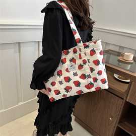 韩国详小清新休闲文艺帆布购物袋单肩包ins草莓帆布包女士手提包
