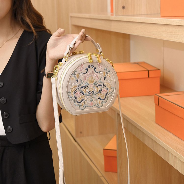 2023 verano nuevo estilo chino artístico bolso de hombro pequeño bolso redondo cremallera bolso de las mujeres estilo antiguo creativo bolsa de gran capacidad