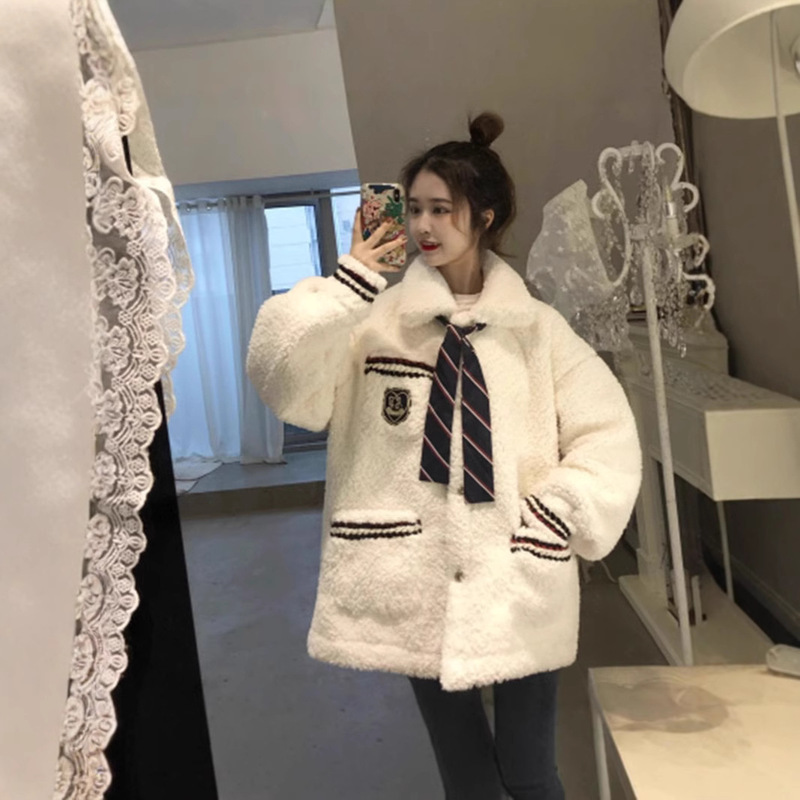 [Send Tie] New Academic Style Sweatshirt Imitation Lamb Cashmere Coat Women's Korean Style Autumn and Winter Loose Lapel Top