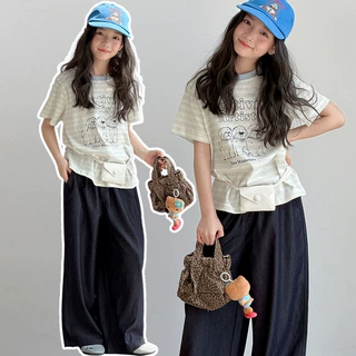 女童短袖T恤夏季2026新款儿童打底衫中大童时髦宽松条纹上衣跨境