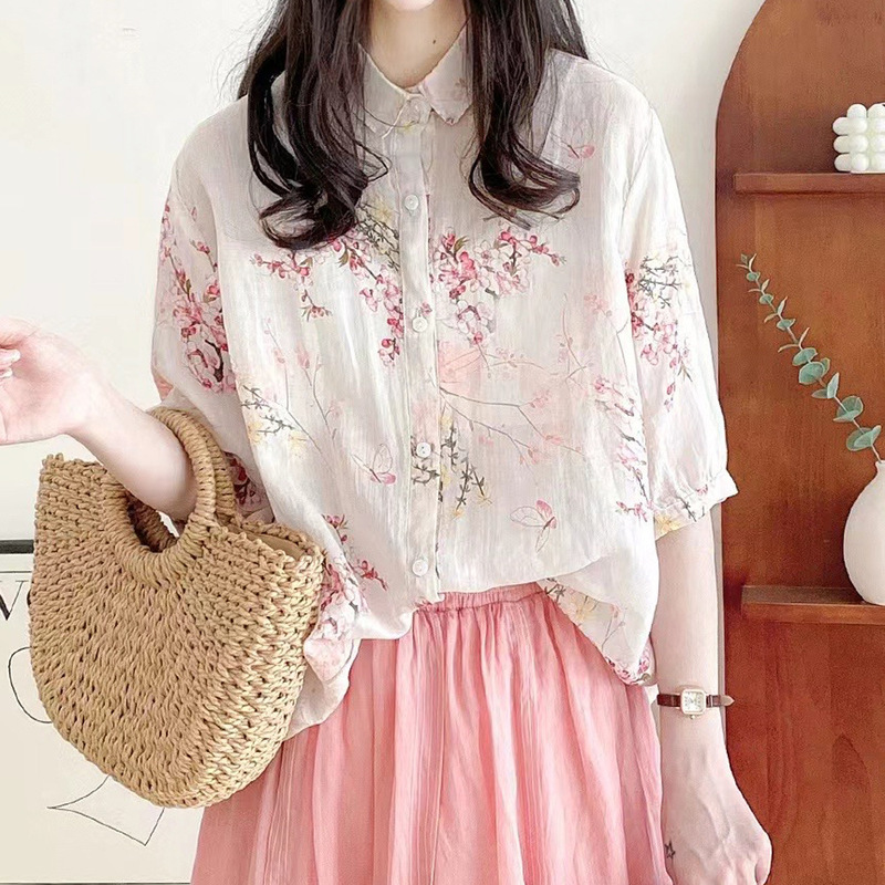 Loose plus size Printed Lapel Short Sleeve Ramie Shirt Top Women's Summer Loose French Style Elegant Ramie Doll Shirt Loose plus size Printed Lapel Short Sleeve Ramie Shirt Top Women's Summer Loose French Style Elegant Ramie Doll Shirt