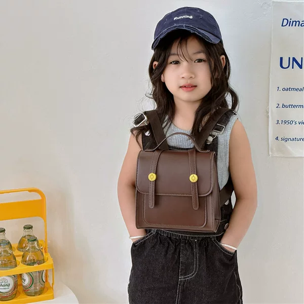 Korean Children's Retro Messenger Backpack, Stylish Pu Backpack for Toddlers, Kindergarten British Style Small School Bag, Lightweight
