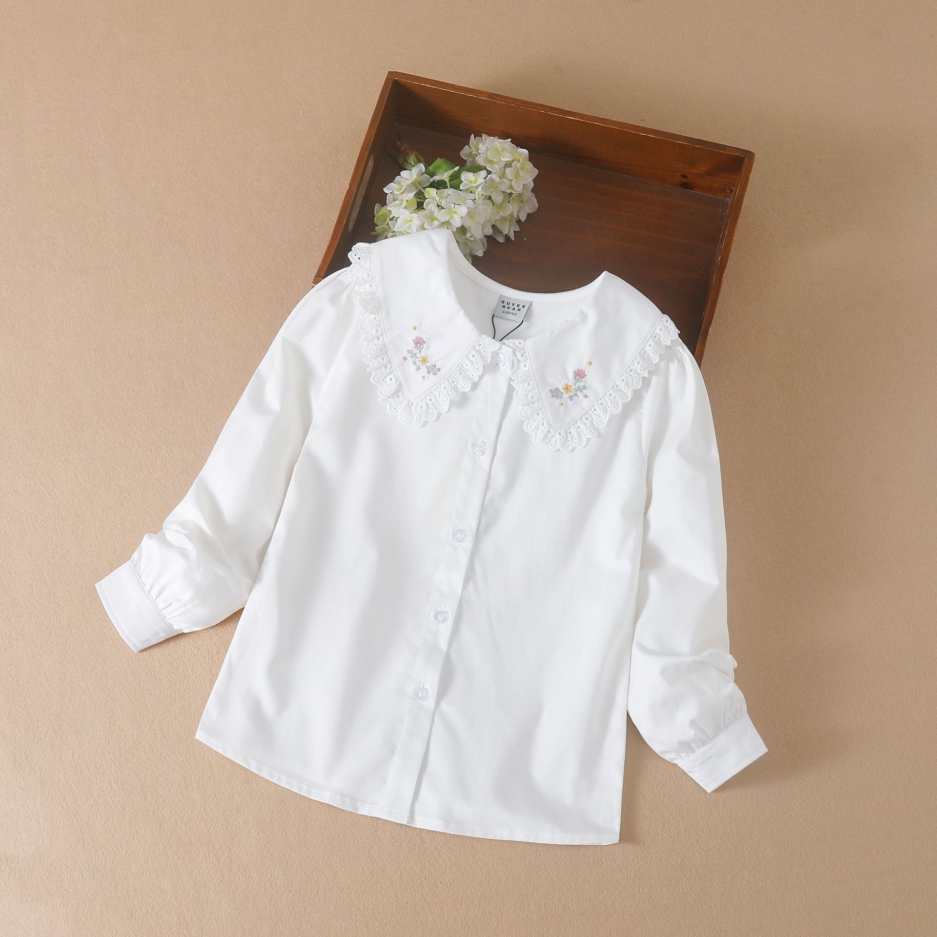 Girls' Shirt, Spring and Autumn, Popular Cross-border Style, Stylish Top, Children's White Shirt, Pure Cotton, Long Sleeve, Spring Style