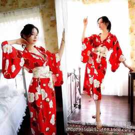 情趣内衣日式和服性感印花制服高腰长裙套装开襟家居表演服
