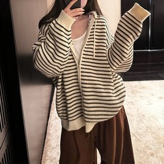 秋冬新款条纹毛衣女外套慵懒风宽松大版设计感连帽拉链针织开衫女