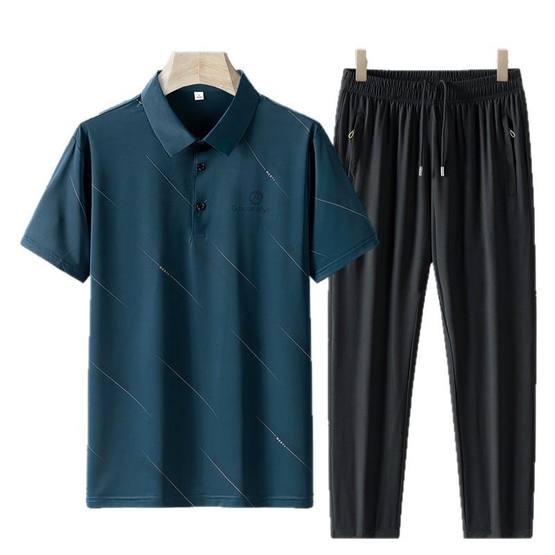 Camiseta de seda de hielo para papá de verano, traje de mediana edad de manga corta para hombre, traje de dos piezas, camisa de polo casual para abuelo y padre para hombre