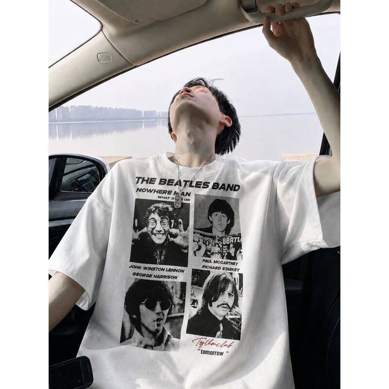 260g Sorona Cool Summer Men's Short-Sleeved T-Shirt the Beatles American High Street Loose Half-Sleeved Top 260g Sorona Cool Summer Men's Short-Sleeved T-Shirt the Beatles American High Street Loose Half-Sleeved Top