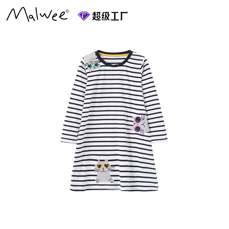 Vestido de niña otoño y invierno nuevo estilo europeo y americano rayas de manga larga vestido de princesa de cuello redondo casual ropa infantil