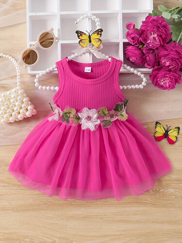 INS Baby and Toddler Girls Summer Sleeveless Waist Embellished with Flowers and Mesh Sweet Dress Trendy