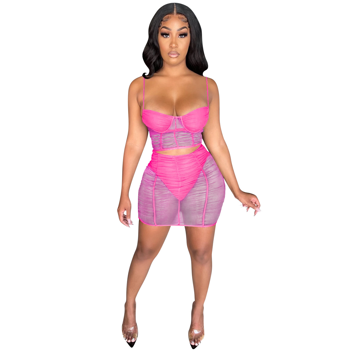 C5176 en stock de moda de verano sexy de color sólido leche de malla de hilo transparente bolsa de cadera falda corta de dos piezas para mujeres image 10
