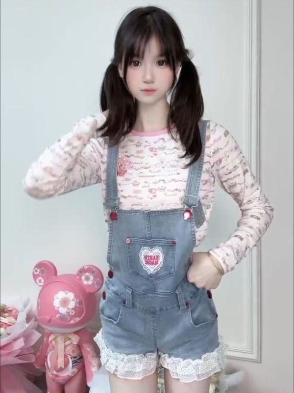 可爱牛仔背带裤女y2k日系俏皮甜美女儿服多巴胺蕾丝拼接连体裤|undefined