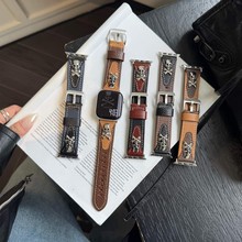 不锈钢骷髅头真皮表带适用苹果手表iwatch11代987654UltraSE