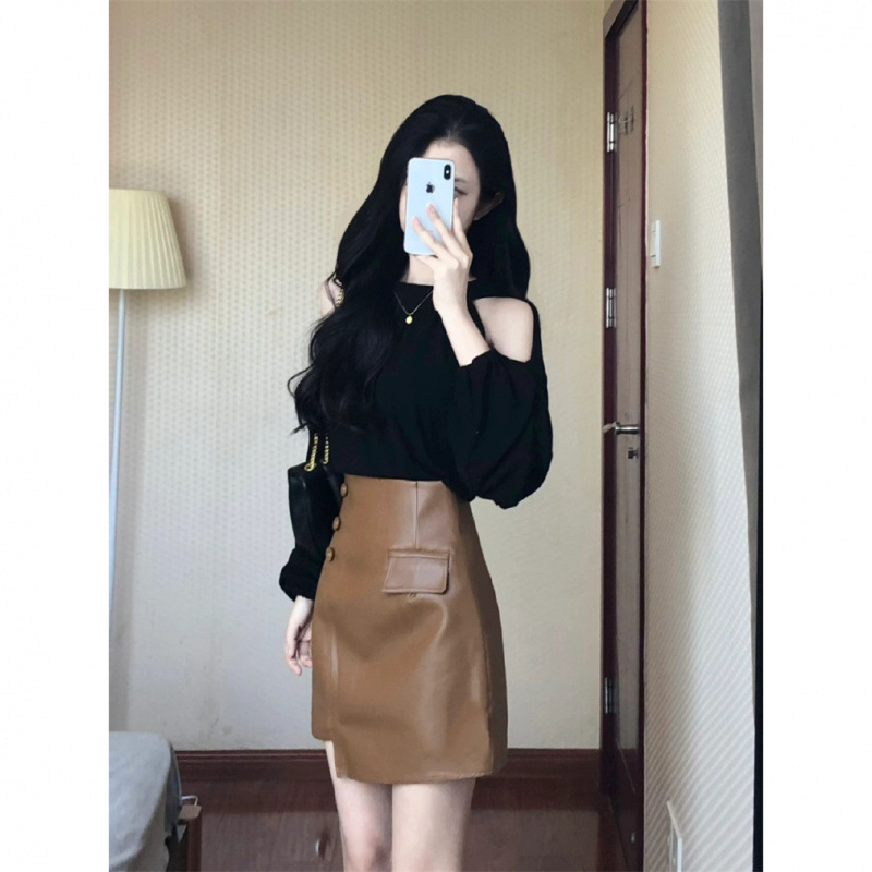 高级感御姐套装一字肩露肩上衣咖色皮裙时尚今年流行两件套女春秋|undefined