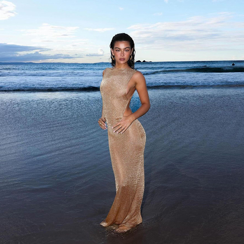 119g Weight Maxi Long Dress Dress Length Type Sleeveless Sleeve Length Bodycon Dress Dresses Type Spandex, Polyester Fabric Type Mid Waist Waist Line Holiday, Party Occasion Boat Neck Neckline Slim Fit Type Glittery, Solid Color Pattern Summer, Spring Season Women's Gender Backless Design Vacation, Sexy Style Wholesale Women's Vacation Sexy Backless Glittery Solid Color Holiday Party Boat Neck Sleeveless Bodycon Dress 9