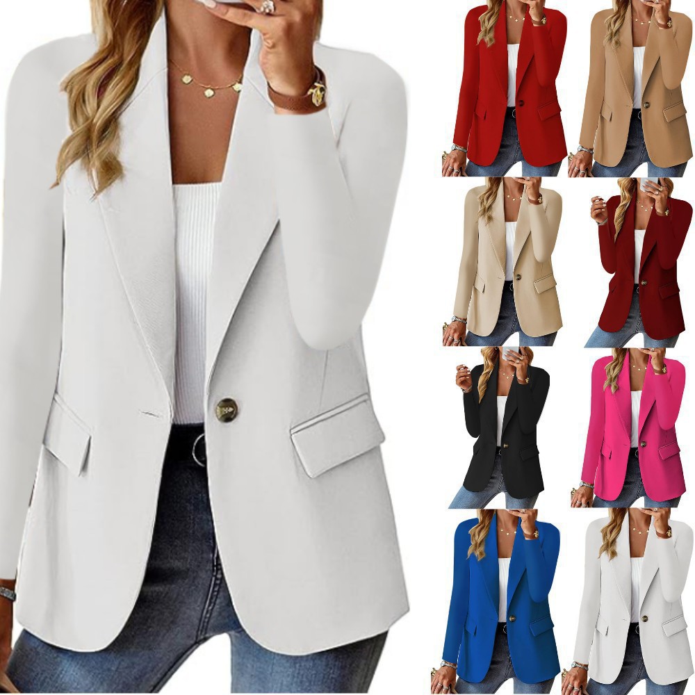 2025 Amazon Wish Hot-Selling Autumn Long-Sleeve Solid Color Cardigan Small Suit with Fake Pockets and Single-Button Jacket