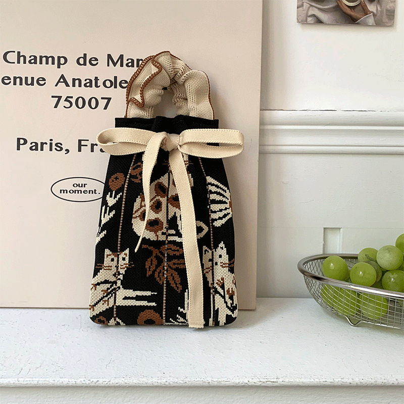 Bolsa de punto, oreja de madera, diseño de nicho, bolso con cordón de dibujos animados, bolso de mensajero portátil de todo fósforo, bolso de teléfono móvil