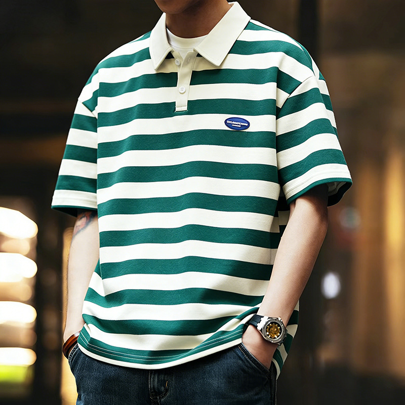 Cross-Border Exclusive Supply of Loose Casual Collared Base Shirts, Japanese-Style Striped Polo Shirts, Men's Short-Sleeve Breathable Pique T-Shirts