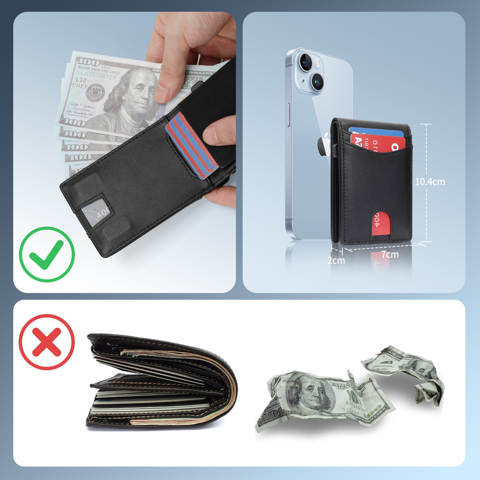 Cartera abatible de fibra de carbono de comercio exterior Cartera de metal con cepillo antirrobo para hombre Cartera de cuero ultrafina de doble pliegue con múltiples posiciones para tarjetas