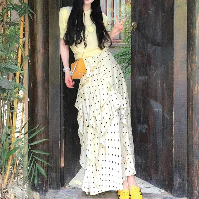 Qianyu 2026 Summer French-Style Gentle Design Irregular Ruffled Polka Dot High-Waisted Long Skirt
