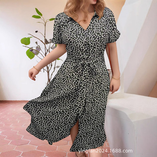 Amazon TikTok Spelling Duoduo Foreign Trade Cross-border European and American plus size Women's New Cardigan V-Neck Short Sleeve dress