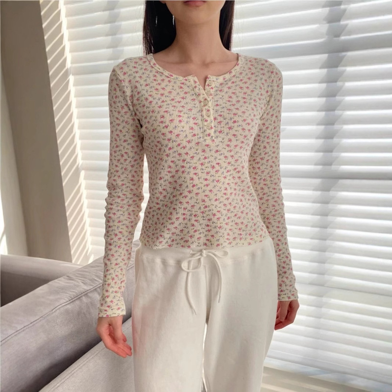 BM style new pink blue floral five-button waffle long sleeve T-shirt women's bm slim-fit crew neck base shirt top BM style new pink blue floral five-button waffle long sleeve T-shirt women's bm slim-fit crew neck base shirt top