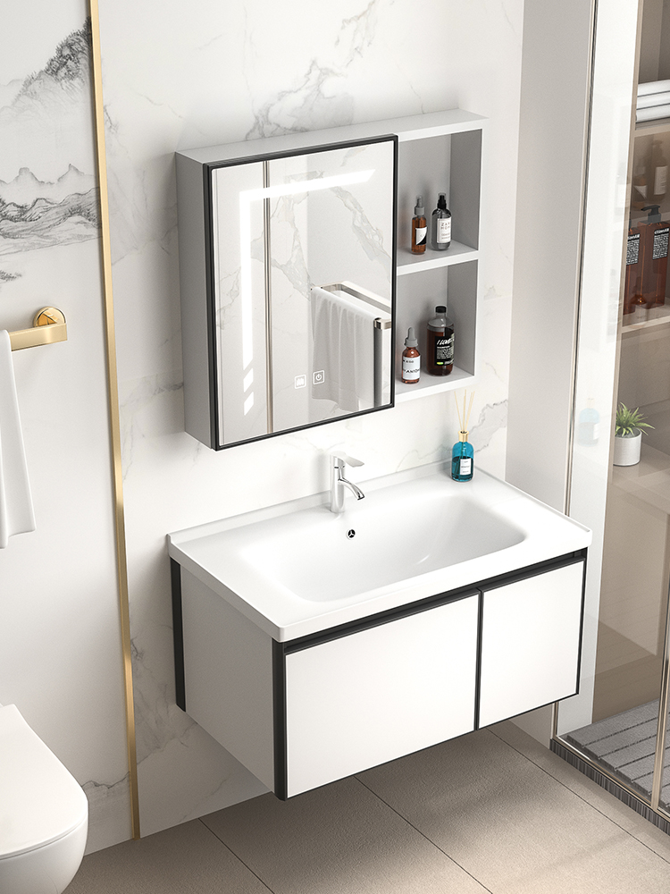 Aseo impermeable espacio de aleación de aluminio gabinete de baño conjunto combinación baño lavado de cara lavado de manos de cerámica integrada lavabo