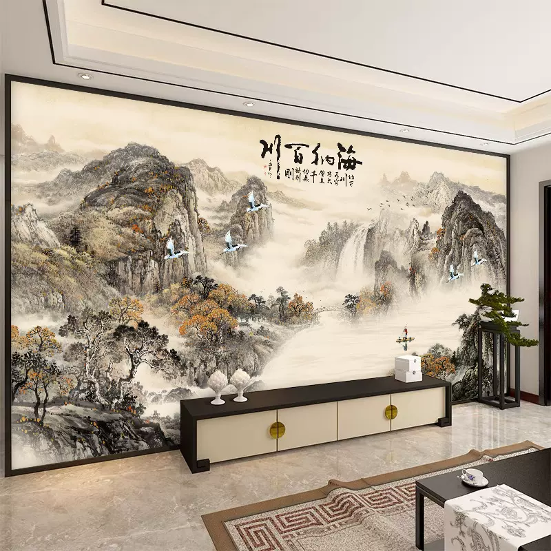 新中式电视背景墙壁画大气墙纸8d立体山水画海纳百川壁纸客厅墙布