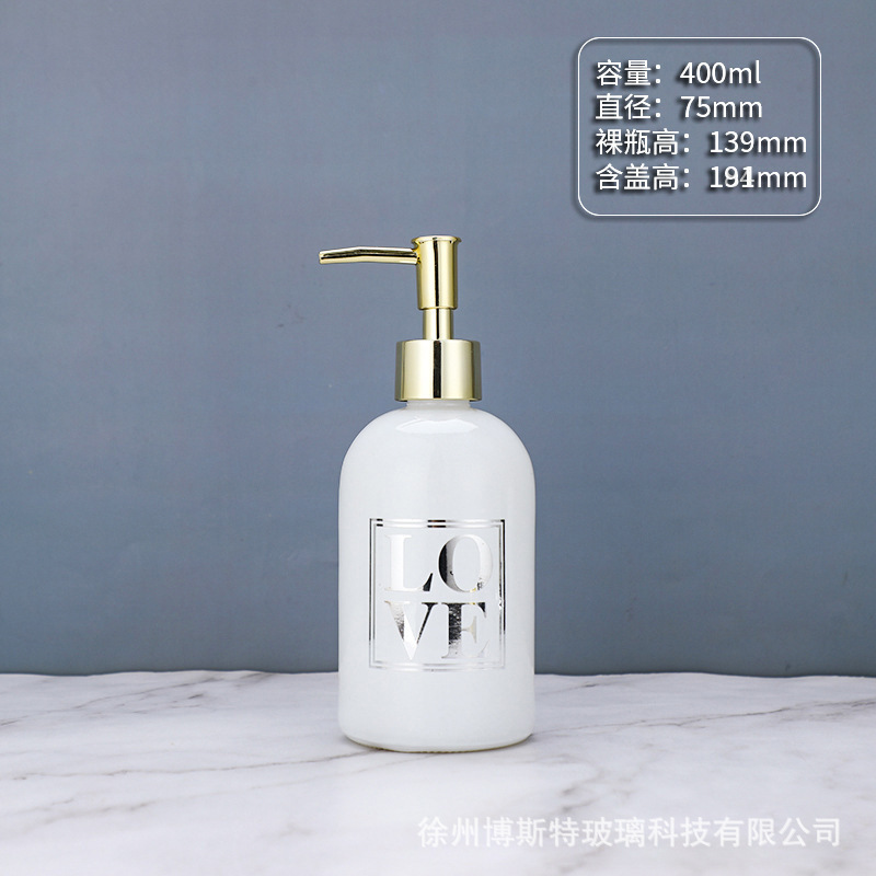 400ml; Letras de botella blanca + bomba de presión de cabeza de oro ABS; vidrio-2