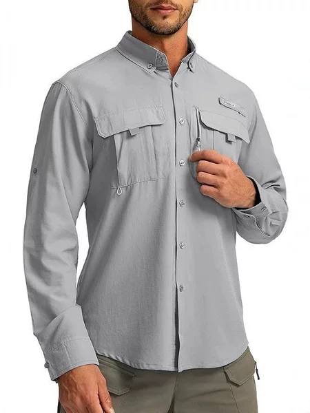2026 New Men's Outdoor Long-Sleeved Sun Protection Shirt, Workwear Style, Breathable, Quick-Drying, Casual, Solid Color, Lapel Men's Clothing