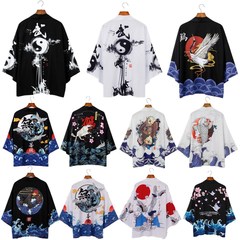 2023 New Japanese Ukiyo-e Style National Windmill Crane Kimono Cape Summer Casual Open Shirt Seven-Sleeve Taoist Robe Pajama