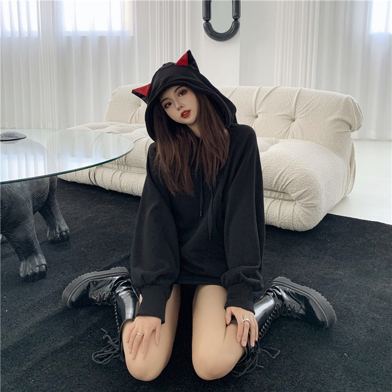 Internet Celebrity Ins Autumn and Winter Velvet Thickeneded Sweatshirt Women's Loose K-Style Versatile Student Cat Ear Hooded Jacket Trendy